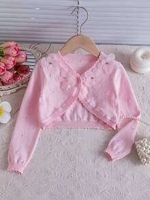 Girls Casual Knit Embroidered Hollow Long Sleeve Short Cardigan, Lightweight Sheer Bolero Jacket - Pink - View 1