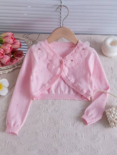Girls Casual Knit Embroidered Hollow Long Sleeve Short Cardigan, Lightweight Sheer Bolero Jacket