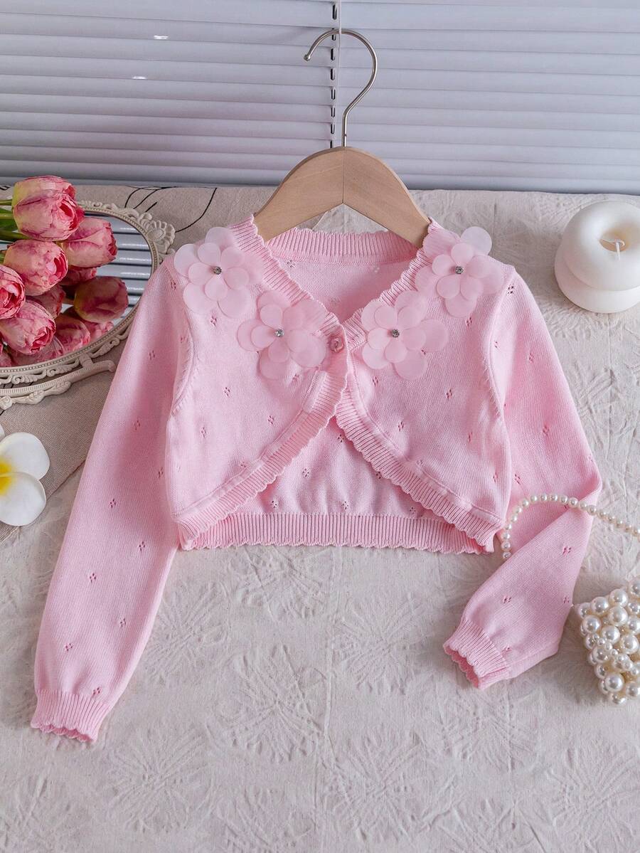 Girls Casual Knit Embroidered Hollow Long Sleeve Short Cardigan, Lightweight Sheer Bolero Jacket - Pink - View 1