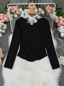 Women's New Lace Halter Sexy Design Blouse, Long Sleeve Lace Patchwork Knit Top - Black - View 8