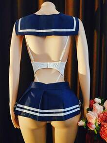 三件套：开裆连体裤、翻领、迷你裙 - 女士性感内衣，学院风角色扮演服装 - 藍白色 - 查看 2