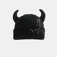 New Unisex Knitted Beanie With Devil Horns Halloween Distressed Skull Cap Hop Winter Warm Yarn Hat Men Women - B1 - 查看 5
