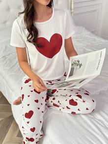 2pcs/Set Women's Heart Print Pajama Set, Short Sleeve Top And Long Pants, Spring/Summer - Red and White - View 5