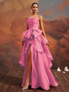 VIPGIRL 优雅浅紫色无肩带蝴蝶结层叠高开衩正式长款礼服，及地正式晚礼服，女士舞会礼服，时尚鸡尾酒会礼服，迷人宴会礼服，女士正式晚礼服 - 紫丁香色 - 查看 4