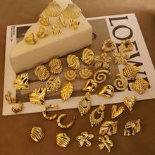 24pcs/Set 18K Gold Plated Stainless Steel Fashion Floral, Heart & Asymmetric Design Stud Earrings Set For Women, Elegant For Daily Wear, Ideal Gift For Girlfriend, Wife Or Valentine's Day, Hotoo Jewelry Store, Accessories, Feb 14 - Multiple Elements - View 2