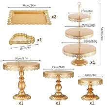 7-Piece Golden Cake Stand Set (Includes 3-Tier Stand, Heart-Shaped & Rectangular Trays) | Multi-Size Dessert Display Set (Largest 42cm) | For Weddings, Birthdays, Christmas, Afternoon Tea | Metal With Lace Embossed Design, Premium Dessert Table Serving Collection - Vàng - Xem 3