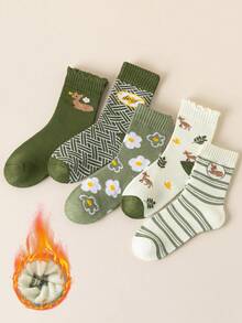 5 Pairs Women's Warm Thickened Plush Lined Socks With Floral, Deer, Striped Patterns, Comfortable For Sports, Home, Casual, Commute In Autumn/Winter - Multicolor - View 3