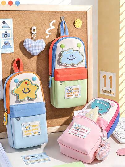 大容量铅笔盒带挂钩，背包式字母拉链，多功能创意收纳包，可爱卡通铅笔盒，桌面收纳包，办公用品礼品，铅笔袋，返校必备化妆包，化妆品收纳包，洗漱包，化妆品收纳袋，化妆包，化妆袋，洗漱包，旅行必备旅行礼品