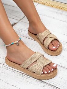 Women's Casual Bohemian Criss-Cross Strap Thick-Soled Comfortable Slip-On Beach Sandals - Khaki - View 3