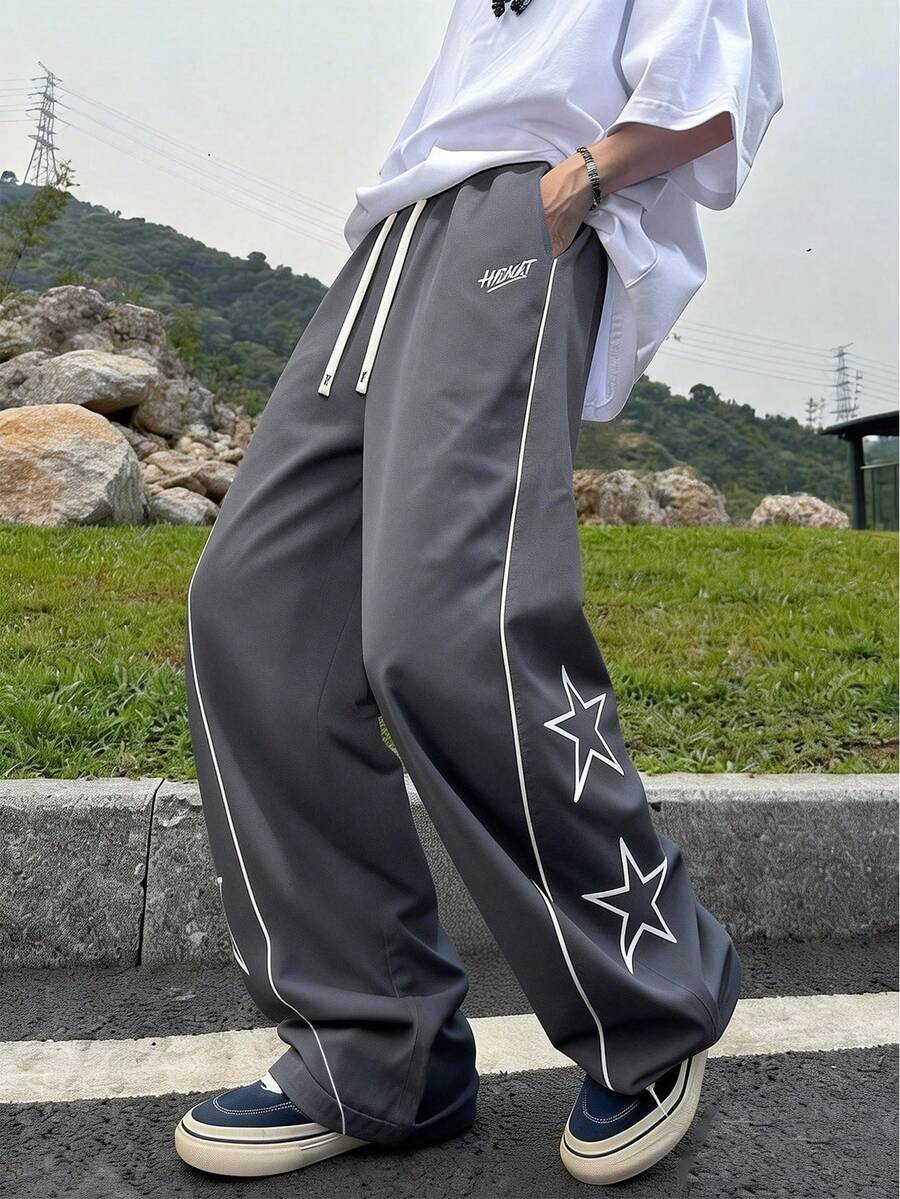 Men's Star Print Casual Pants, & Versatile Sweatpants - Grey - View 1