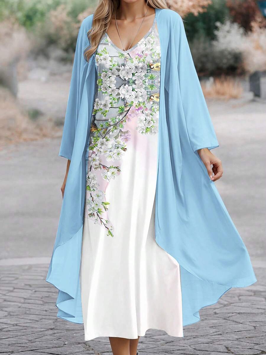 Bộ 2 món gồm váy nữ in hoa phong cách boho, vạt bất đối xứng, thích hợp cho đám cưới, đi nghỉ mát và khăn choàng voan mùa hè xuân. - Màu xanh lam - Xem 1