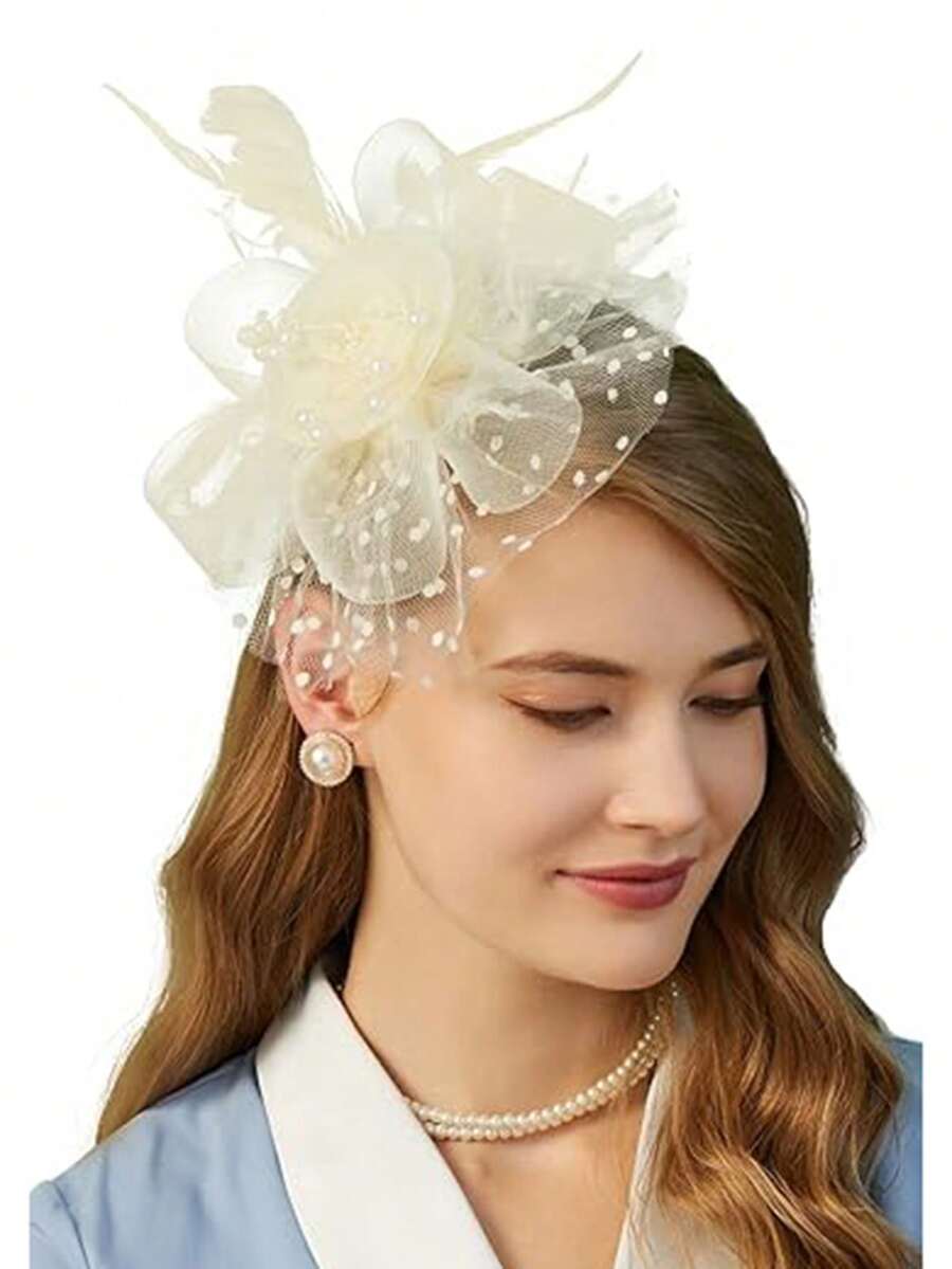 1pc Women's Tea Party Racing Hat, Kentucky Derby Hat, Floral Mesh Hair Accessory, Wedding Headpiece - Beige - View 1