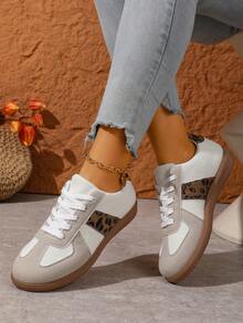 Women's Iridescent Leopard Print Low Top Sneakers - White Casual Glitter Shoes With Tan Gum Sole For Daily Streetwear - Beige - View 4