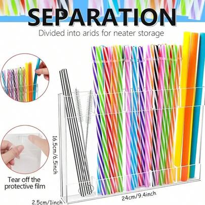 1pc Multi-Layer Transparent Acrylic Straw Organizer Box With White Lid And Black Base, Modern Design, Suitable For Kitchen Countertop, Cabinet Door Storage, Space-Saving Vertical Storage For Straws, Utensils, Party Supplies, Etc.