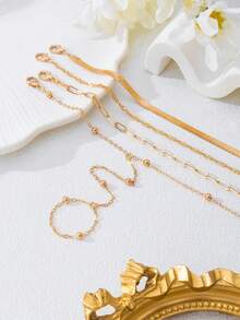 2pcs/Set Starry Moon Tassel Element Finger Chain Set, Fashionable Double-Layer Stackable Bracelet, Handmade Adjustable Length, Suitable For Holidays, Daily Wear, Dates, And Photo Shoots - Gold - View 3