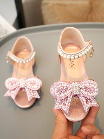 Sandalias planas de princesa para niñas con lazo, adornadas con diamantes y perlas de colores