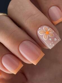 24pcs Cute Square Press On Fake Nails Pink Short Nail Orange Flower Fake Nails Women Coffin Nails - Multicolor - View 1
