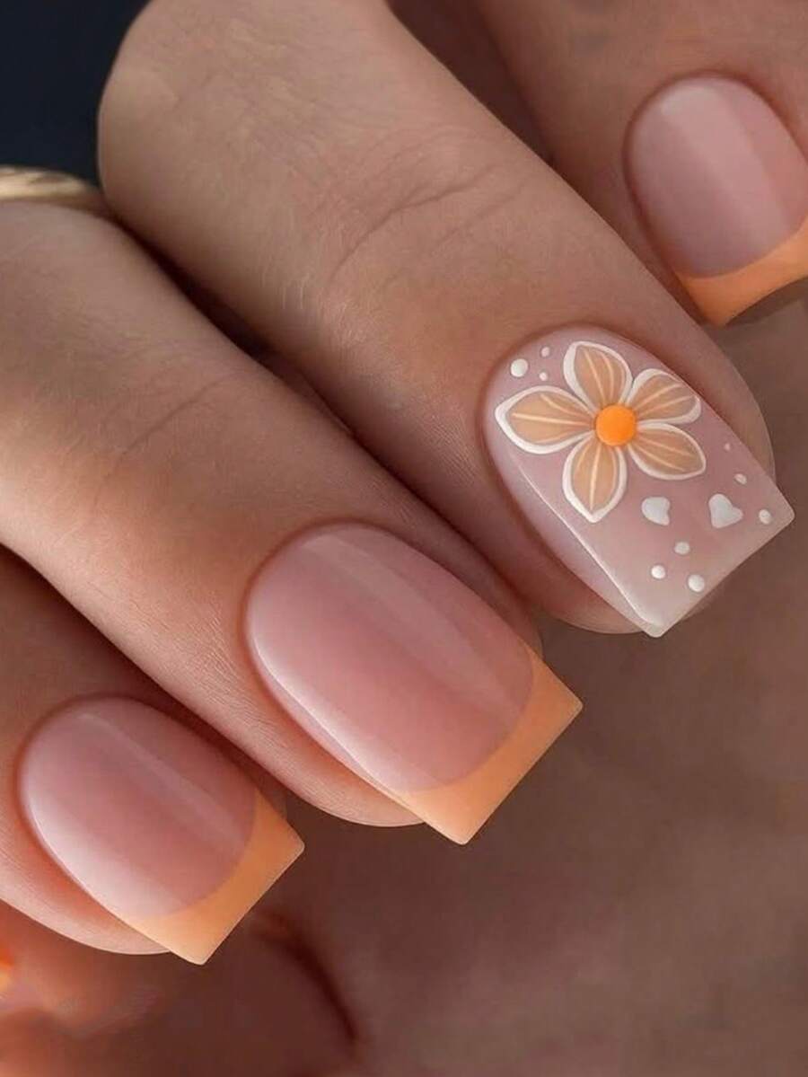24pcs Cute Square Press On Fake Nails Pink Short Nail Orange Flower Fake Nails Women Coffin Nails - Multicolor - View 1