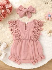 2pcs/Set, Baby Girl, Soft And Comfortable, Casual Elegant Fashionable Cute, Hollow Lace Tassel Trim And Bow Decoration, Pure Cotton Romper And Headband, Baby Girl Clothing, Newborn Baby Girl Clothing, Baby Supplies, Baby Clothing, Suitable For Summer Daily Wear, Party, Party, Home, Photography, Outdoor Activities - Multicolor - View 3