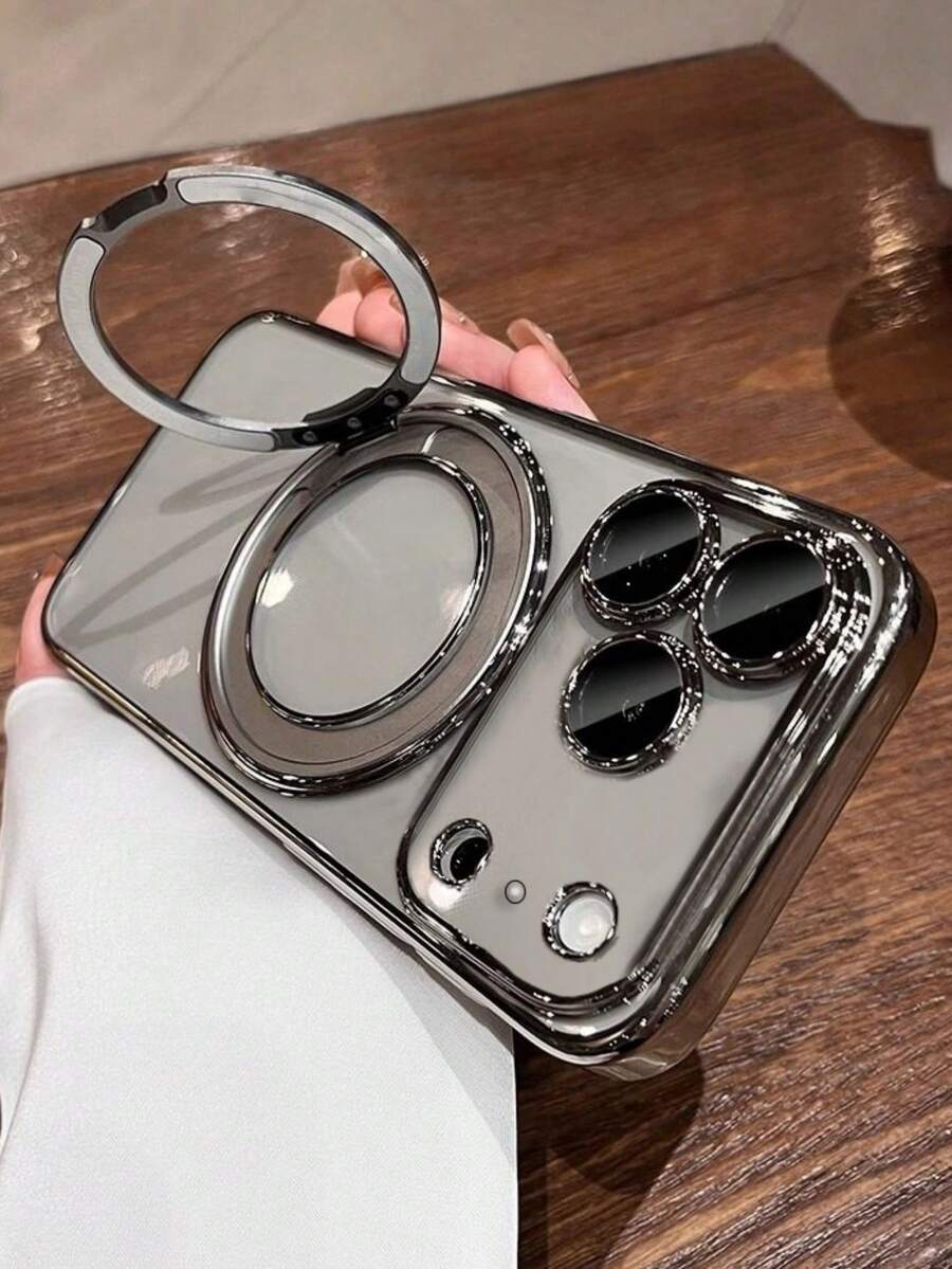 1pc Luxury Electroplated Metal Clear Magnetic 360 Ring Holder Phone Case Compatible With IPhone 17 Pro Max 17 Pro Air 16 15 14 13 12 11 Pro Max Plus Hard PC Back Cover - Silver - View 1