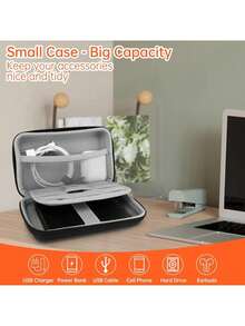 Estuche para disco duro, estuche portátil para disco duro externo con 2 bridas, organizador electrónico, estuche de viaje, estuche rígido pequeño para cable de carga, SSD, HDD, batería externa, disco duro externo - Negro - Ver 1