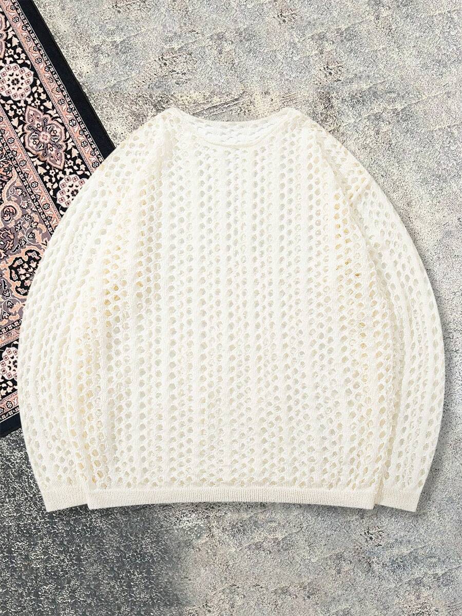 Lightweight Loose Breathable Mesh Knit Long Sleeve Top, Minimalist Style, Spring/Summer - Apricot - View 1