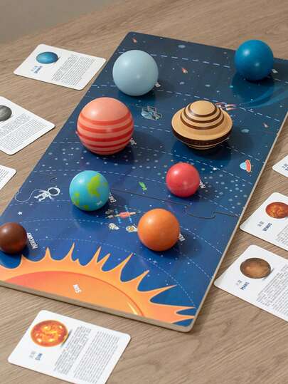 3D Multi-Color Wooden Solar System Puzzle Board, Astronomy & Galaxy Theme Montessori Cognitive Model Wooden Toy, Infant/Toddler/Kids Educational Learning Toy, Multi-Piece Set