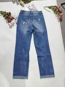 女士休闲破洞水洗直筒牛仔裤，饰有美国国旗贴片，长款，略带弹性的面料 - 藍色 - 查看 4