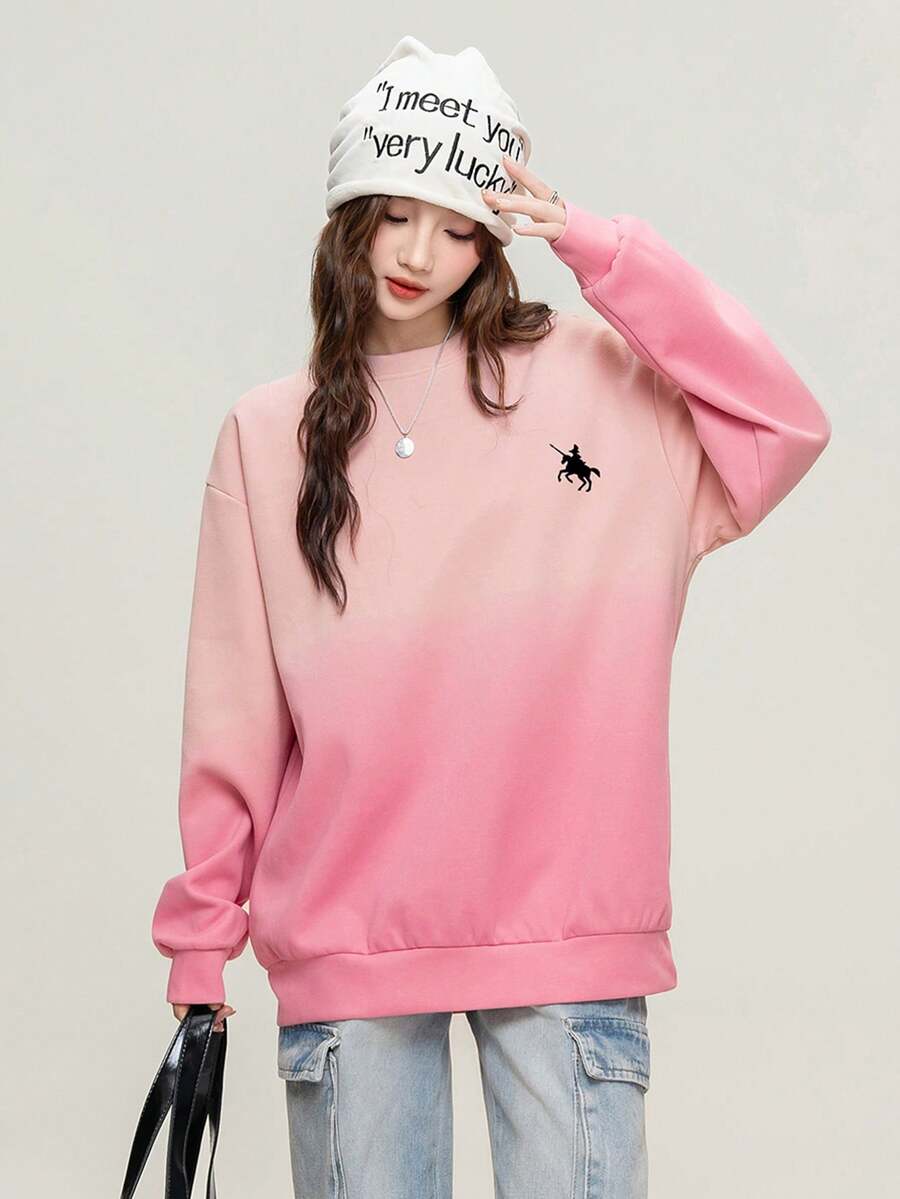 JUTU 春秋女款马匹印花卫衣，美式休闲渐变色宽松套头衫 - 818裸粉色-1182黑 - 查看 1