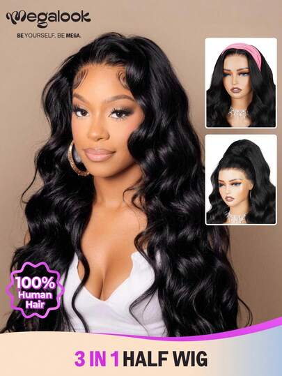 MEGALOOK 这款水波纹半头假发，100%真人发丝，180%密度，三合一无缝翻转式半头假发，带抽绳，隐形发际线，无需胶水，即戴即走，适合初学者，26英寸自然色，升级版发箍假发 - 自然逼真，适合日常佩戴，也适合办公室、僵尸新娘、万圣节、派对、Y2K、坏女孩、度假、户外角色扮演、校园、学校假期、圣诞节、派对、婚礼、节日等场合。