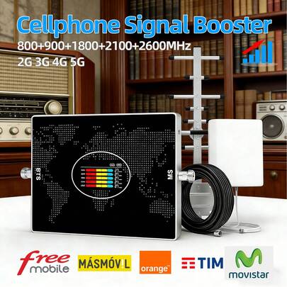 Amplificador de señal móvil para interiores para bandas 20, 8, 3, 1, 7 (2G, 3G, 4G, 5G, LTE), amplificador de datos, repetidor de cinco bandas de 70 dB con antenas de alto rendimiento, compatible con Freemobile, TIM, Wind Tre e Iliad.