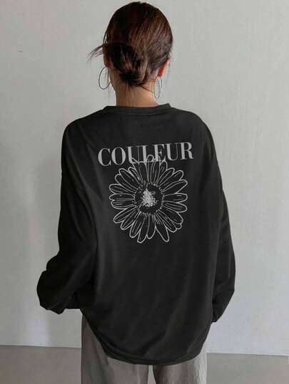 Women's Simple Contrast Color Daisy Letter Print Double-Sided Casual Base Layer Long Sleeve Loose Versatile Homewear, Daily, Street, Commute Ribbed Neutral Top T-Shirt