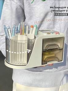 2抽屜旋轉式桌面收納架,附360°旋轉筆筒,適用於文具、化妝品、化妝刷收納,辦公室、學校、居家多功能桌面收納,中性款,居家裝飾辦公桌配件 - 彩色 - 查看 8