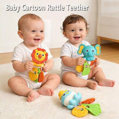 This Baby Teething Rattle Toy Is An Early Educational Toy That Helps Develop The Baby's Hand-Eye Coordination. It Features Adorable Cartoon Patterns Like Lions, Elephants, And Octopuses, Making It An Ideal Gift For Newborns.