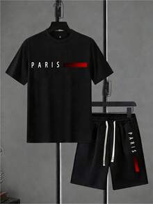 "PARIS" Lettering With Gradient Stripe Pattern 100 Percent Cotton Men's Printed Short-Sleeve T-Shirt Set, Men's Apparel, Men's Shorts Set, Men's Shorts, Men's Printed T-Shirt.Gras.Graphic T Shirts.Vintage T Shirts.Men 2 Piece Set.Conjunto Para Hombre - màu đen - Xem 2