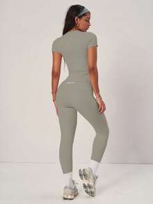 PinkTip Khaki Basic Top And Pants Set, High-Waisted Loose Fit, Essential For Summer Casual And Fitness Sports - Khaki - View 8