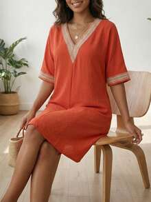 Women's V-Neck Cover-Up Dress With Ruffle Hem, Beach Cover-Up Dress For Summer - Orange - View 4