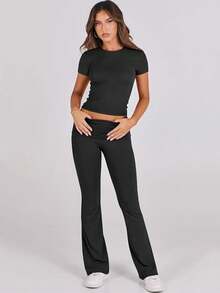 Lounge Sets For Women 2 Piece Foldover Yoga Flare Leggings Pants Crop Tops Casual Y2K Outfits Matching Tracksuit Set - 黑色 - 查看 1