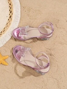 1双女童夏季高跟凉鞋，粉色公主风，双层水钻蝴蝶结，透明鞋面，搭扣粗跟，圆头，适合海滩派对和聚会。 - 粉色 - 查看 1