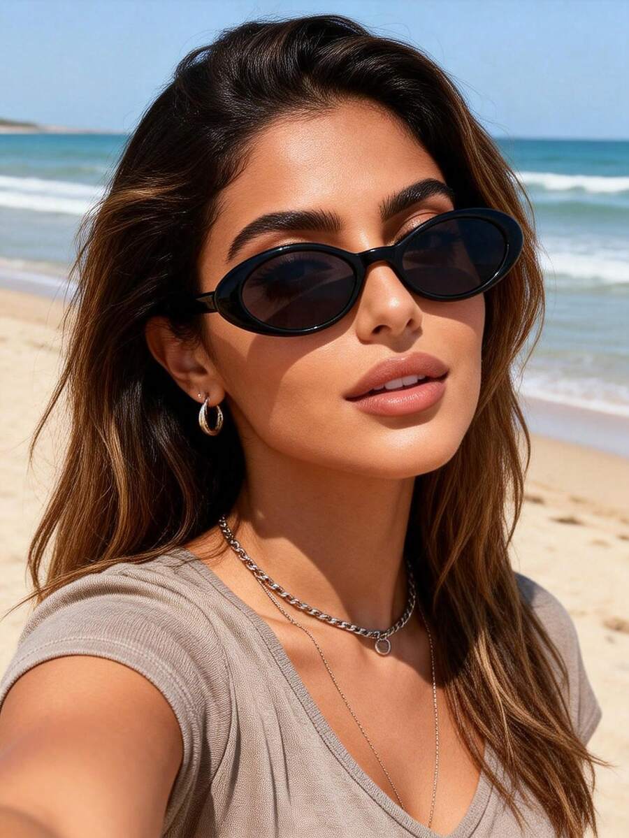 1pc Women's Y2K Streetwear Oval Plastic Frame Fashion Glasses, Suitable For Daily Wear, Music Festivals And Other Occasions - 1pc 黑框灰片 - 查看 1