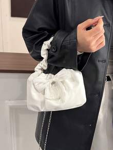 女士蝴蝶结装饰褶皱链条单肩包，适合日常通勤、旅行、购物、休闲外出 - 白色 - 查看 2