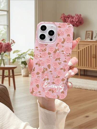 1pc Fashionable Pink IMD Glitter Phone Case, Pink Rose Pattern, Shockproof, Compatible With IPhone 17/17 Pro/17 Max/17 Air/16/15/14/13/12/11, S25, OPPO, Vivo, Redmi, Transsion Series