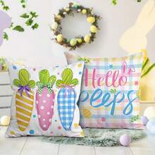 4 pièces Housses de coussin de Pâques minimalistes et de style dessin animé, avec des éléments de carreaux roses, de lapin, de carotte. Décoration printanière. Housses de coussin carrées en polyester imprimées sur un seul côté, avec fermeture éclair sans insert de coussin. Convient pour le canapé, le salon, la chambre, la décoration extérieure, le style campagnard. - Multicolore - Voir 4