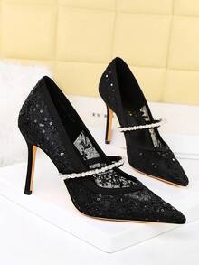 European & American Style Sexy Lace Pointed Toe Mesh Stiletto High Heel Party Shoes For Women - Black - View 4
