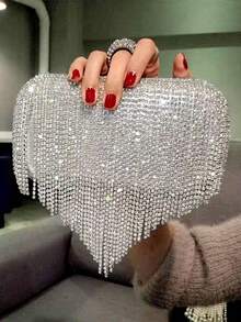 Finger Ring Crystal Tassel Evening Bags Glitter Clutch Box Purse Clutch Tassel Rhinestones Evening Bags Small Party Wedding Handbags - Silver - View 7