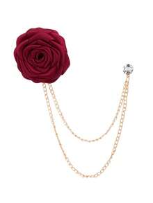 1pc Handmade Fabric Rose Flower Brooch Pin With Tassel Chain, Men's Suit Accessory - Red - View 3