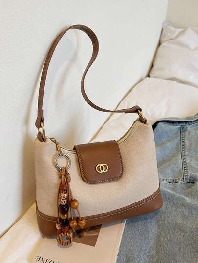 Retro Color-Blocking Bucket Bag With Patchwork Shoulder Bag For Women; New Fashion Square Bag For Ladies