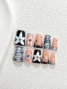 Bộ 10 miếng dán móng tay kiểu Pháp cổ điển, móng giả acrylic, họa tiết ngựa vằn xám trắng vẽ tay, họa tiết hoa 5 cánh màu xanh dương, họa tiết hoa 5 cánh màu trắng vẽ tay, sơn móng tay đen trắng, món quà lý tưởng cho phụ nữ và bé gái yêu thích nghệ thuật làm móng, bao gồm dụng cụ làm móng (1 miếng dán gel + 1 dũa móng). - Nhiều màu - Xem 2