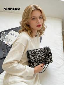 New Vintage Leopard Print PU Leather Flap Square Bag, Outdoor Vacation Travel Crossbody Bag, Elegant Banquet Party Mobile Phone Coin Purse, Versatile Business Commuter Chain Underarm Bags For Daily Office Use, Women Shoulder Bags - Multicolor - View 9