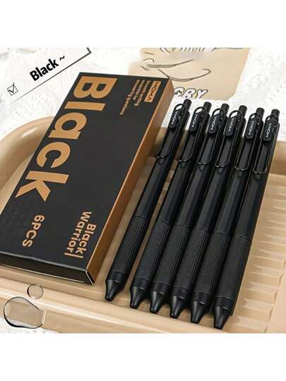 6 Pcs Boxed Sleek Quick-Drying Black Retractable Gel Pens 0.5mm - For Student Writing & Office Use